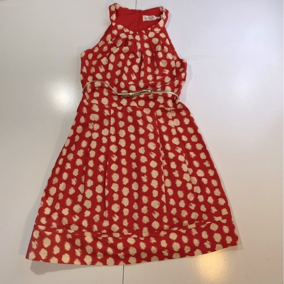 Eliza J Redish/Orange & White Polka Dot Sleeveless A-Line Dress W/Silver Belt 8 - Picture 3 of 16